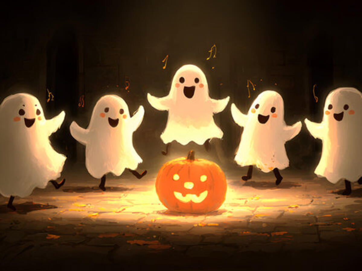 Cartoon Ghosts Dancing around a Jack O Lantern