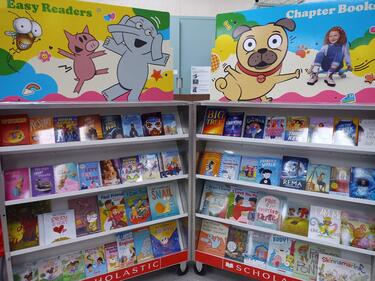 Library shelves with books