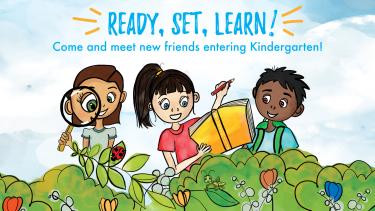 Cartoon graphic of 3 students and text that says Ready, Set, Learn