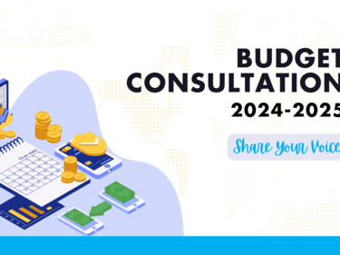 Graphic showing a calendar, money, computer. Words that read "Budget Consultation 2024-2025, Share your voice!"