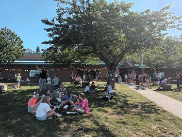 Students in Front of Sandy Hill 