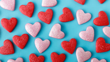 Pink and Red Hearts with Blue Background