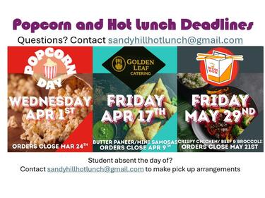 Popcorn and Hot Lunch Deadlines