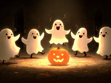 Cartoon Ghosts Dancing around a Jack O Lantern